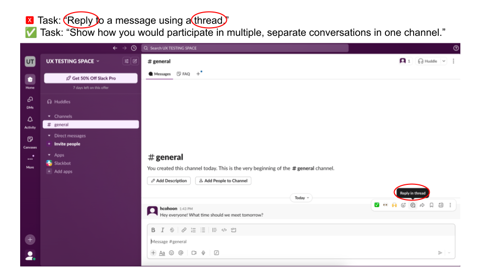 A screenshot of Slack that shows 'Reply in thread' as tooltip content.