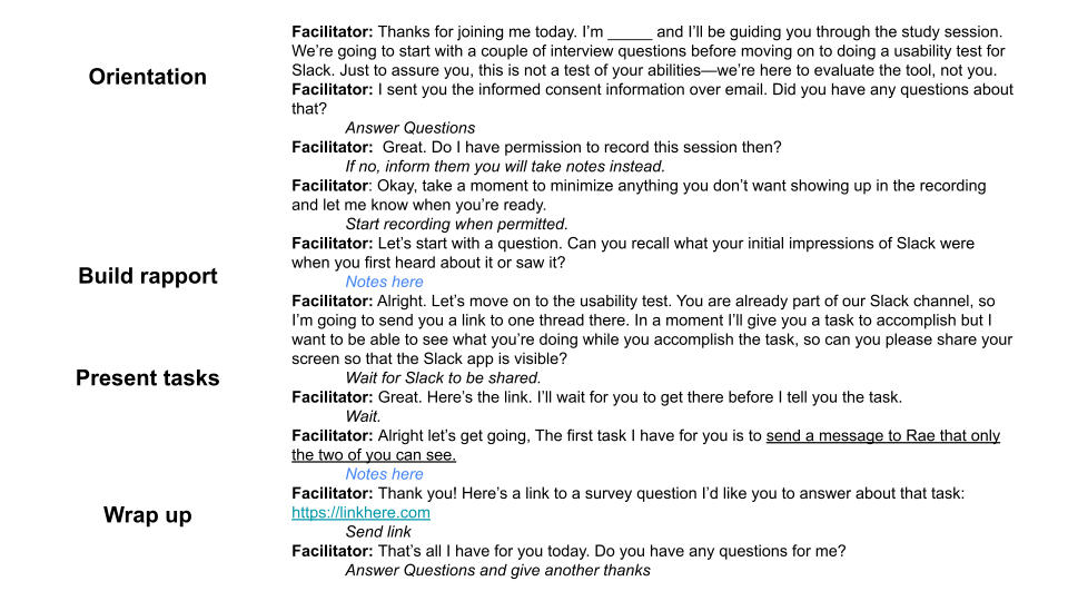 A script for an interview shown along side four phases: orientation, rapport building, presenting tasks, and wrap up.