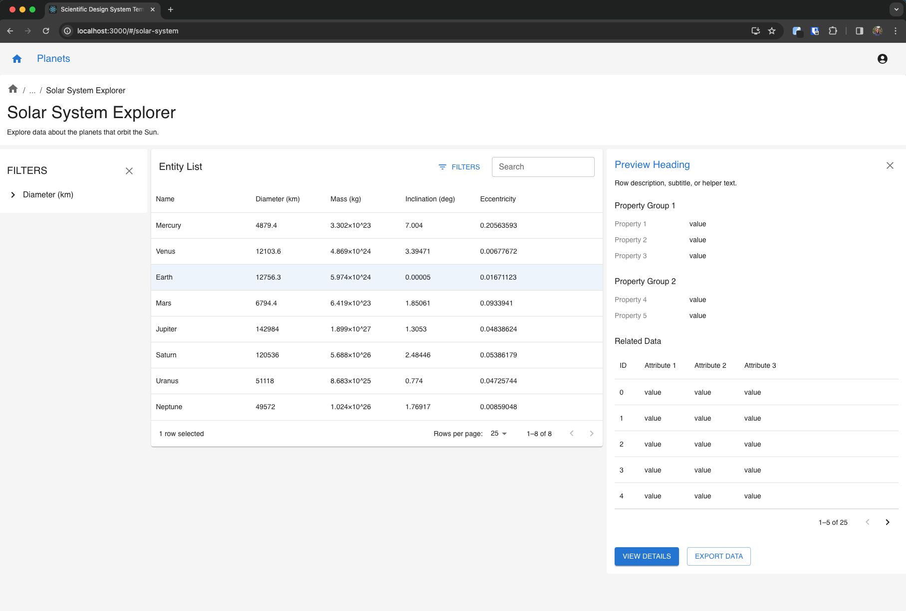 Screenshot of solar system Task Flow in a browser